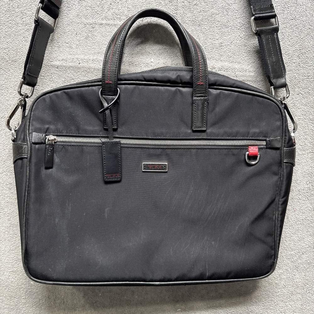 TUMI Black Nylon Laptop Briefcase Business Travel Shoulder Bag Leather Trim